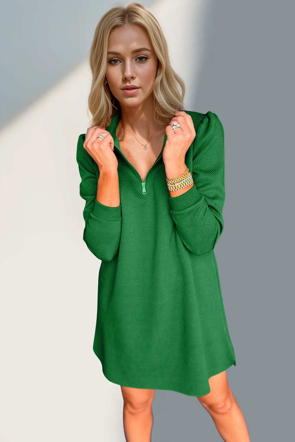 Double Take Textured Quarter Zip Long Sleeve Dress - Love Salve